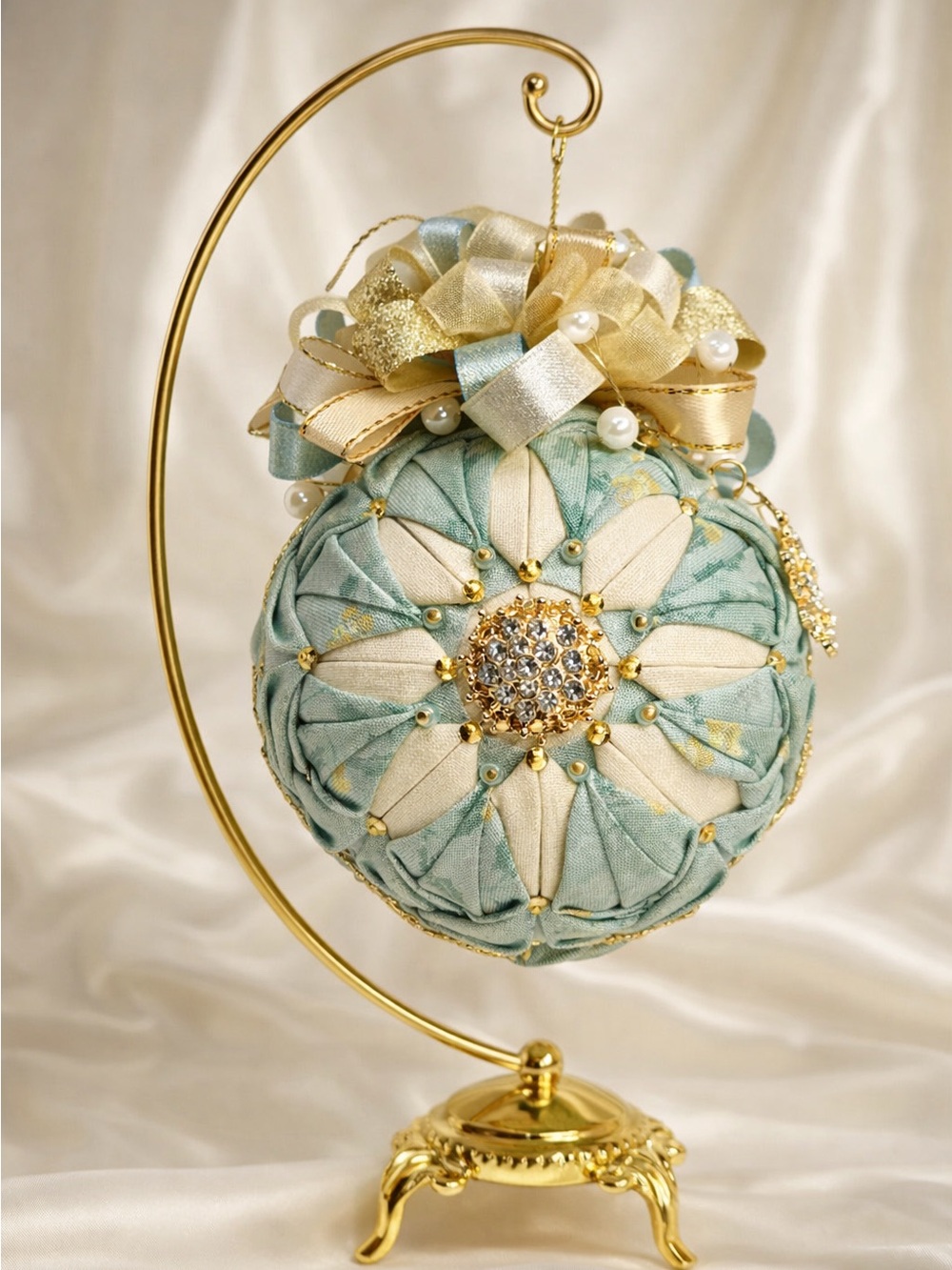 Handmade Quilted Ornament in Seafoam Green and Cream with Gold Accents
